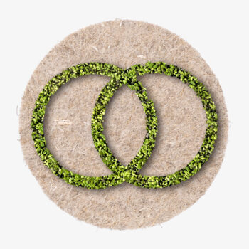 rundes Faserpad mit wachsender Kresse in Form von zwei Hochzeitsringen